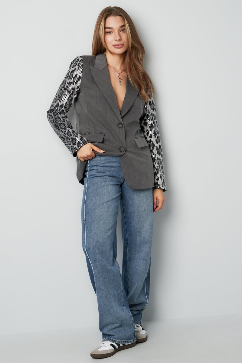 Blazer met panterprint glitter mouw - grijs