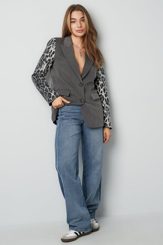 Blazer met panterprint glitter mouw - grijs