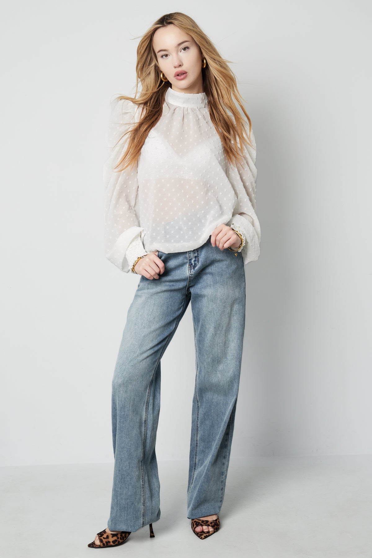 Polyester Women's Long Sleeve Top Puff Sleeve High Neck