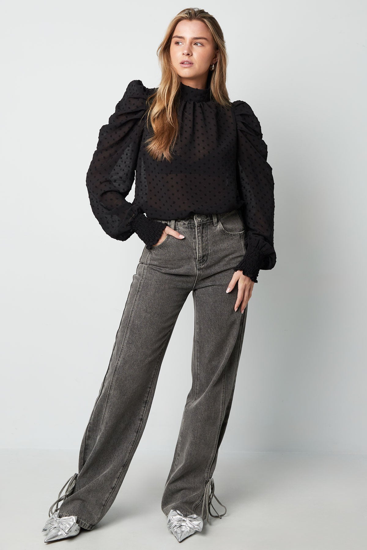 Polyester Women's Long Sleeve Top Puff Sleeve High Neck