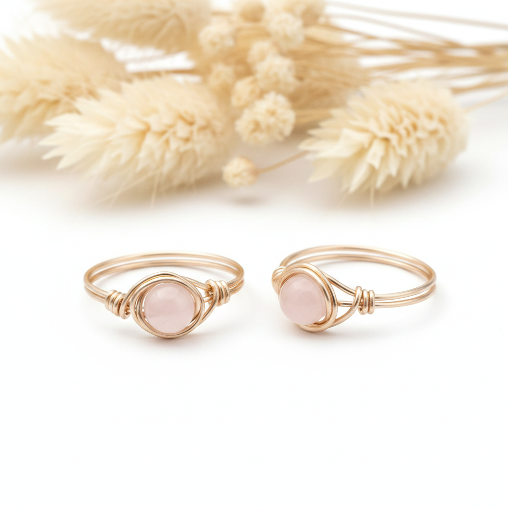 Rozenkwarts ring met koperdraad (18k verguld)